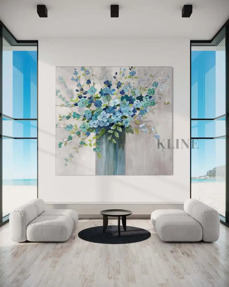 Hand-painted blue floral wall art in a modern living room by Kline Collective®, ready to elevate your space. Dipinti originali in vendita