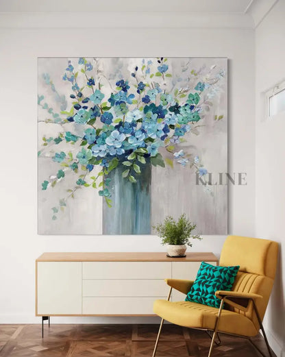 Hand-painted blue floral wall art by Kline Collective®, enhancing modern home decor with vibrant colors.