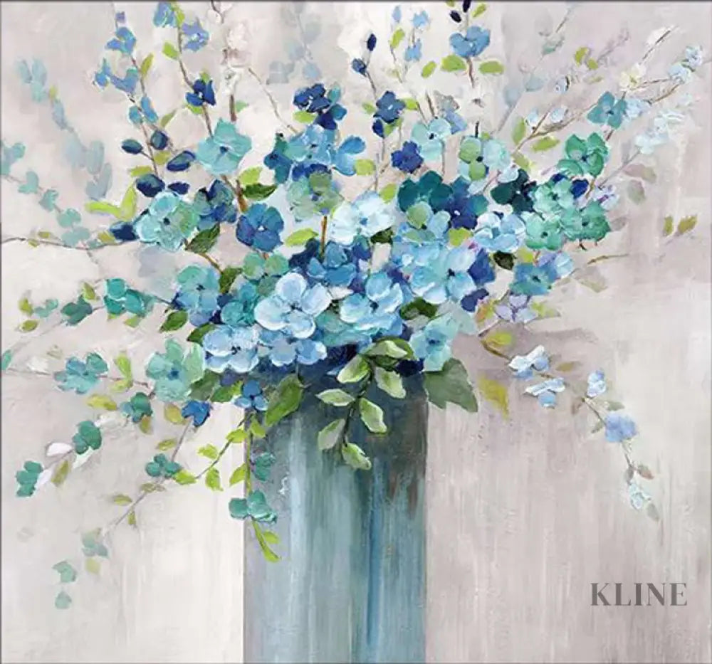 Hand-painted floral wall art featuring blue flowers in a vase, perfect for elevating any decor.