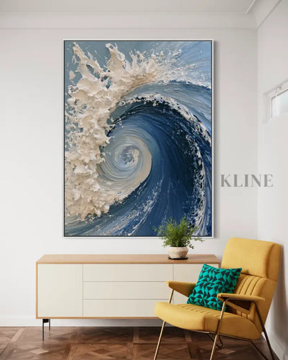 The Dramatic Blue Textured Wave - Hand Painting