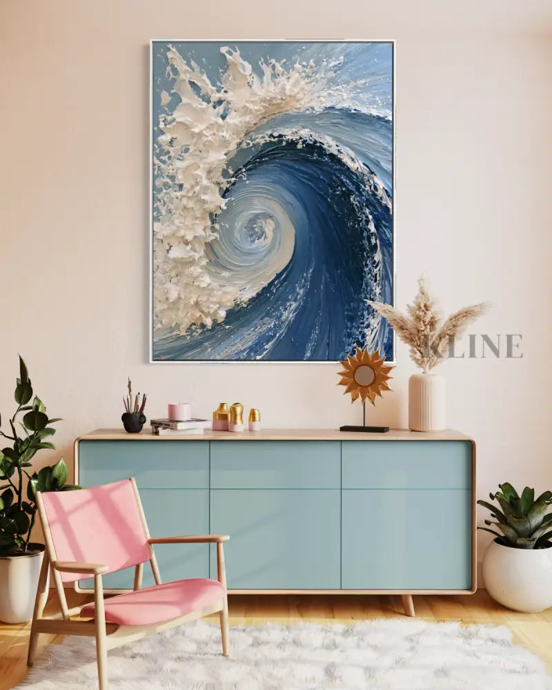 The Dramatic Blue Textured Wave - Hand Painting Vertical Wall Art & Paintings