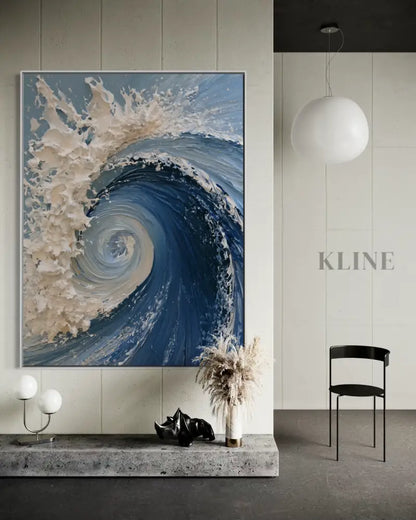 The Dramatic Blue Textured Wave - Hand Painting