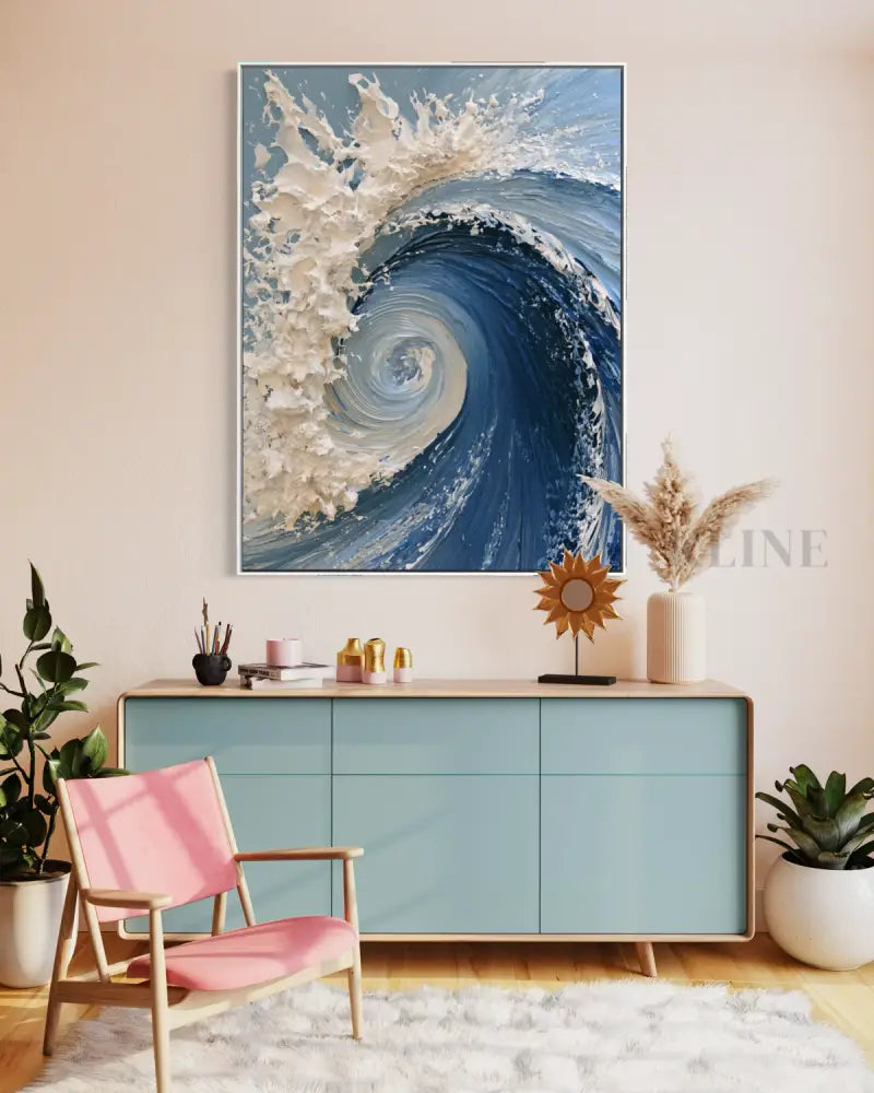 The Dramatic Blue Textured Wave - Hand Painting Plaster Art
