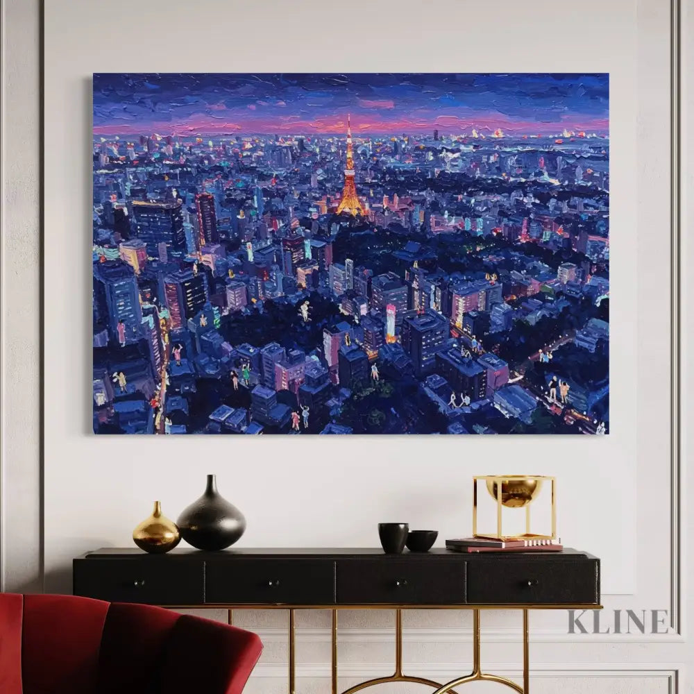 Tokyo Twilight Glow - Hand Painting Purple Wall Art