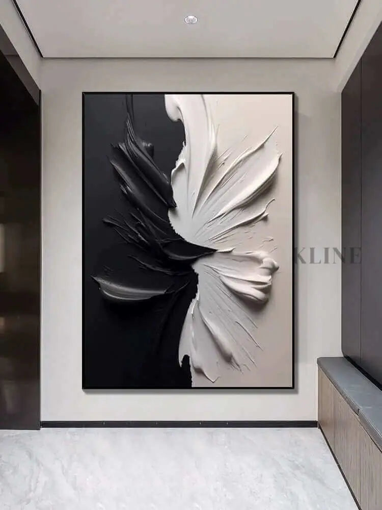 Twilight black and white wall art showcasing textured elements and minimalist aesthetic in modern interior. 
