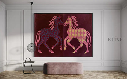 Two Horses in Rose - Hand Painting