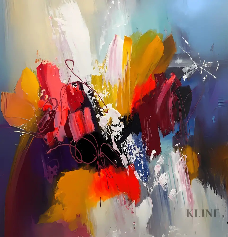 Vibrant Frenzy abstract artwork with fiery reds, oranges, and dynamic brushstrokes, evoking nature& 