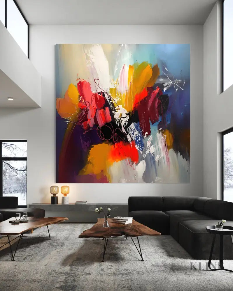 Vibrant Frenzy abstract artwork by John Rey U, showcasing bold colors and dynamic brushstrokes in a modern interior. 