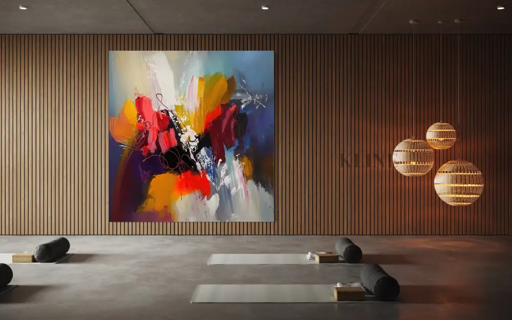 Vibrant Frenzy abstract artwork by John Rey U in modern interior, featuring fiery reds and dynamic brushstrokes. Arte della parete della sala da pranzo