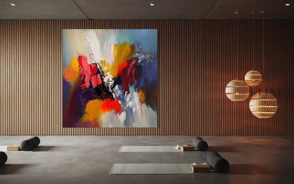 Vibrant Frenzy abstract artwork by John Rey U in modern interior, featuring fiery reds and dynamic brushstrokes.