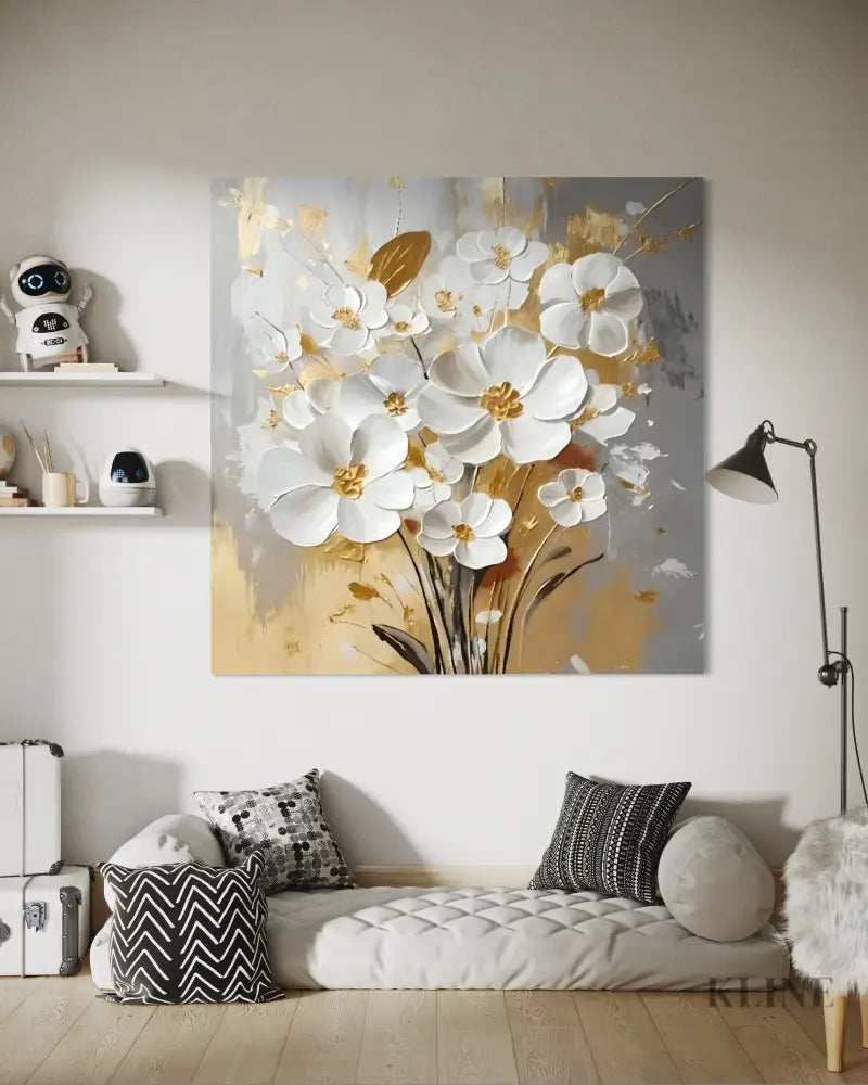 White Petals Drift Floral Canvas Painting - Hand Painting