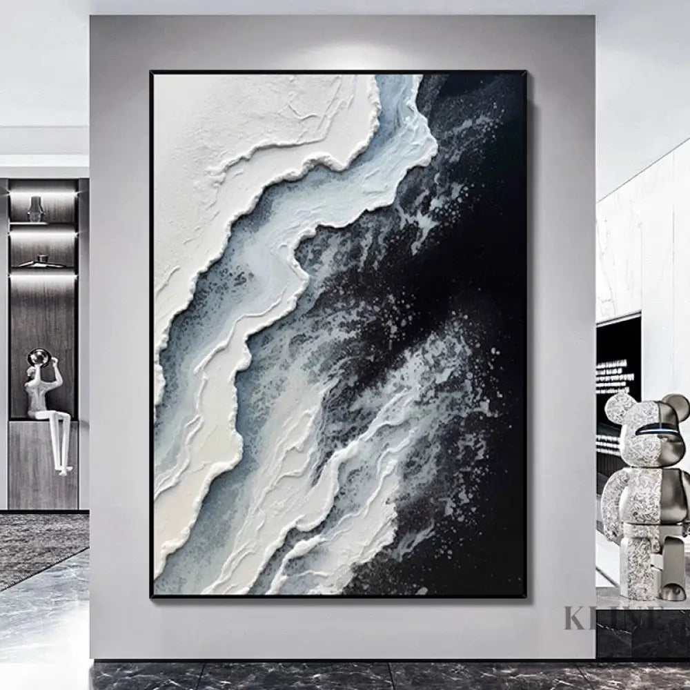 White Waves Textured Seascape Art - Hand Painting Black and White Paintings