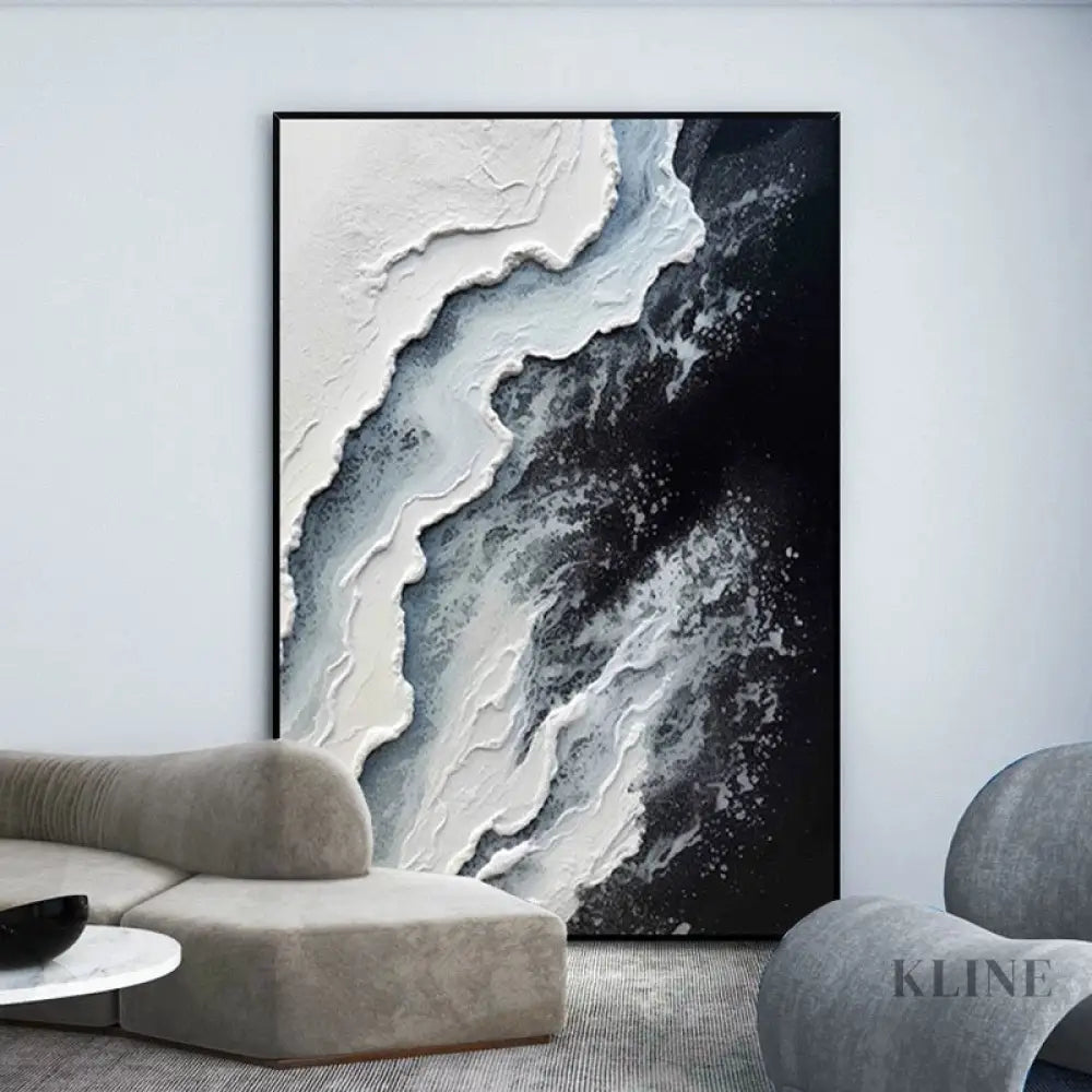 White Waves Textured Seascape Art - Hand Painting Black and White Paintings