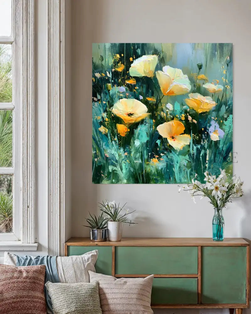 Wild Poppies in Emerald Light - Hand Painting 
