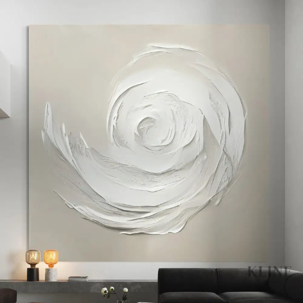 Hand-painted spiral wall art by John Rey U, featuring non-toxic acrylic on canvas, curated by Kline Collective. 