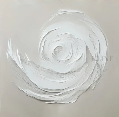 Hand-painted wall art featuring a white spiral design on museum-quality canvas by Kline Collective.