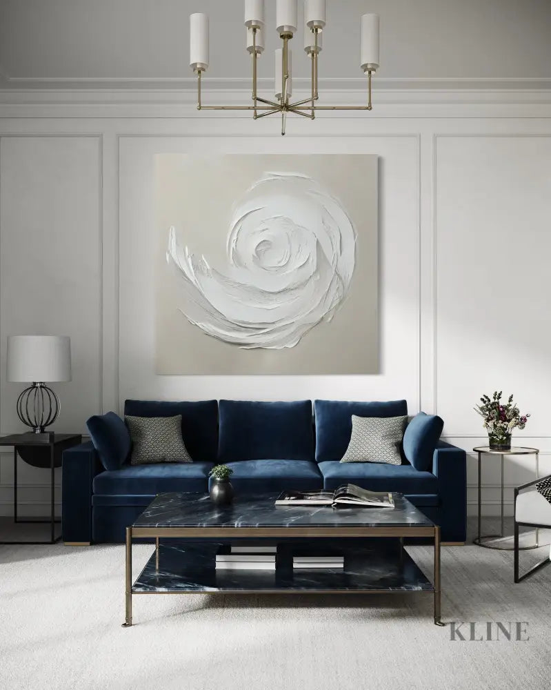 Elegant hand-painted wall art by John Rey U. enhances modern living room decor with neutral colors and sleek furnishings. 