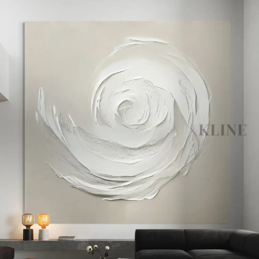 Hand-painted spiral wall art by John Rey U, featuring non-toxic acrylic on canvas, curated by Kline Collective. 