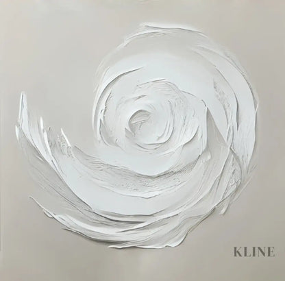 Hand-painted wall art featuring a white spiral design on museum-quality canvas by Kline Collective.
