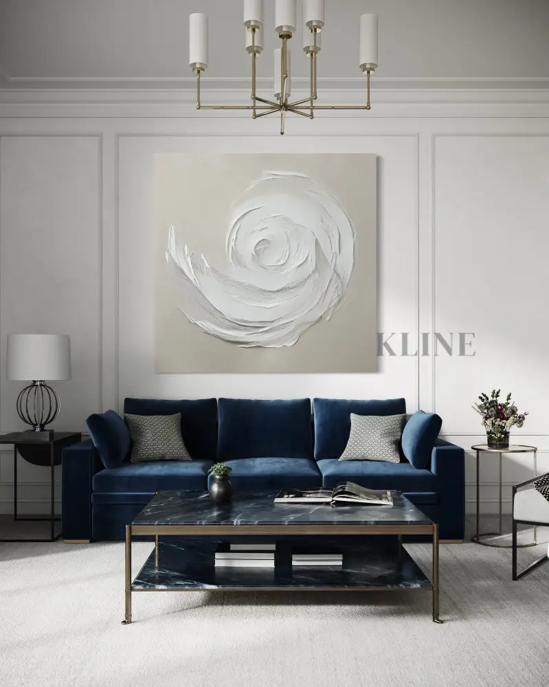 Elegant hand-painted wall art by John Rey U. enhances modern living room decor with neutral colors and sleek furnishings. Grand art mural