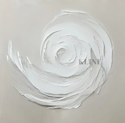 Hand-painted wall art featuring a white spiral design on museum-quality canvas by Kline Collective.