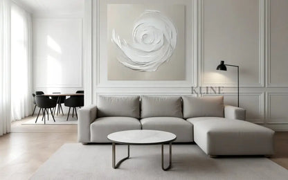 Hand-painted wall art by John Rey U. in a modern living room, enhancing the decor with a calming floral design.