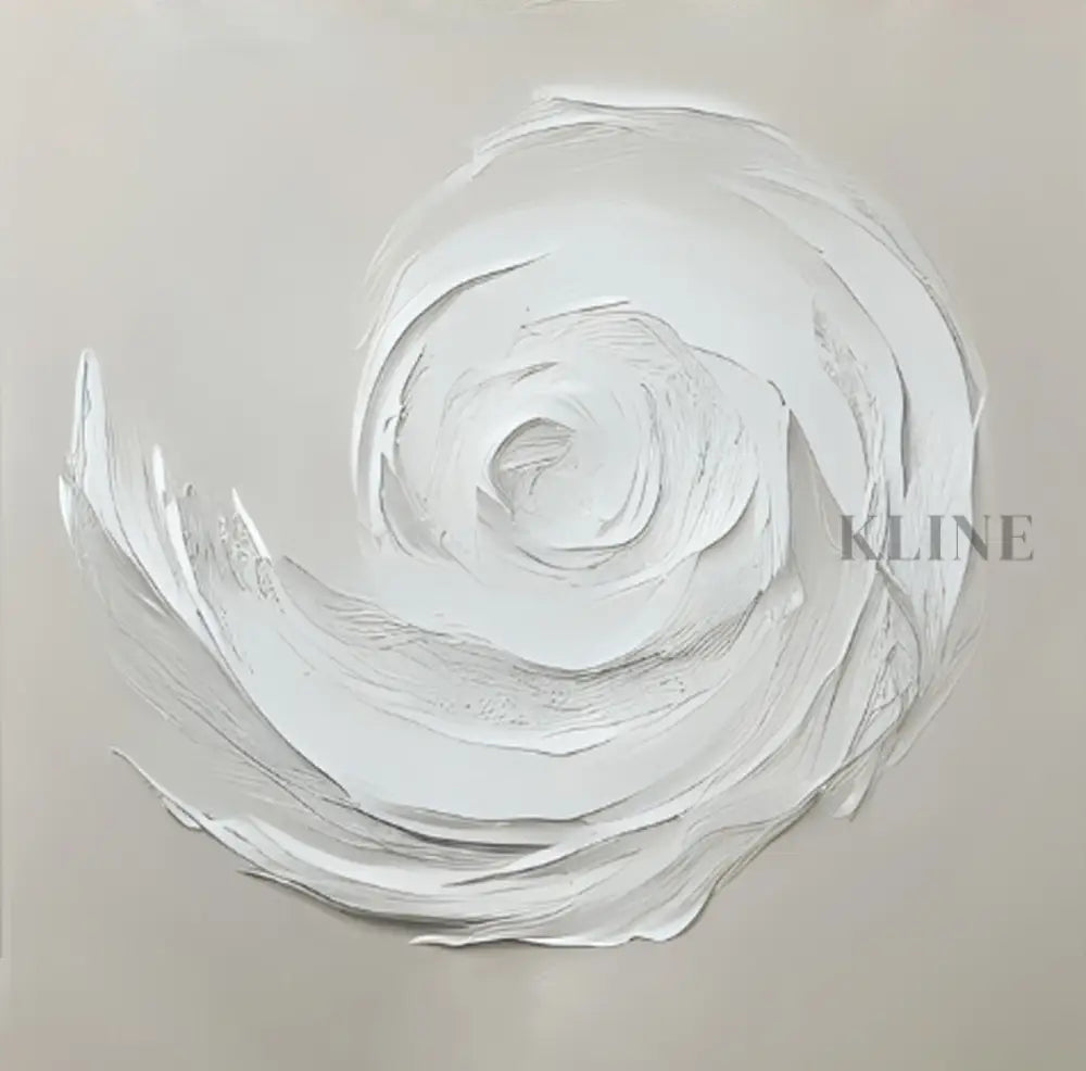Hand-painted wall art featuring a white spiral design on museum-quality canvas by Kline Collective.