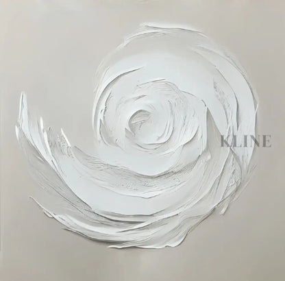 Hand-painted wall art featuring a white spiral design on museum-quality canvas by Kline Collective.