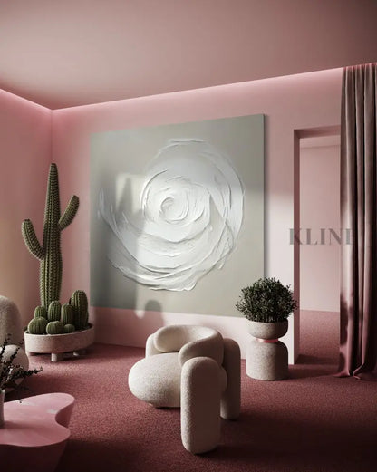 Hand-painted wall art of a rose in a modern pink room with plants and stylish decor, curated by Kline Collective.