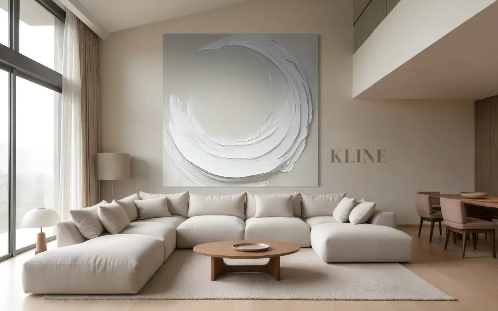 Zen Markings 2 wall art by John Rey U, hand-painted on canvas, stylishly decorates a modern living room. Arte de pared grande
