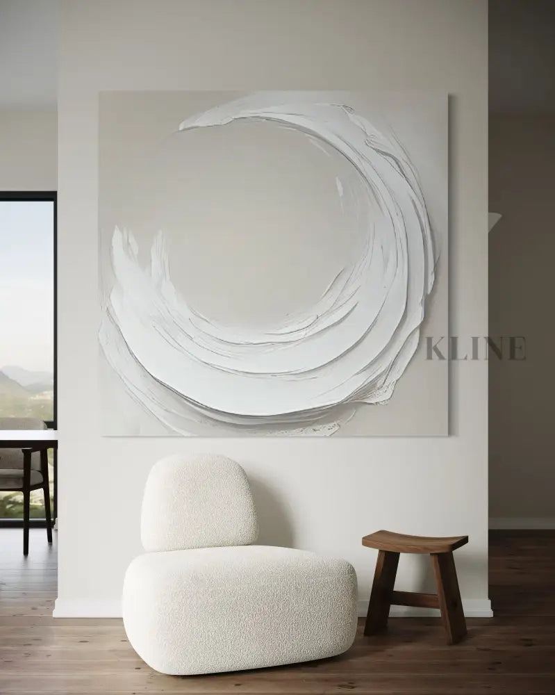 Hand-painted Zen Markings wall art by Kline Collective, featuring abstract white swirl on canvas, ready to hang. 