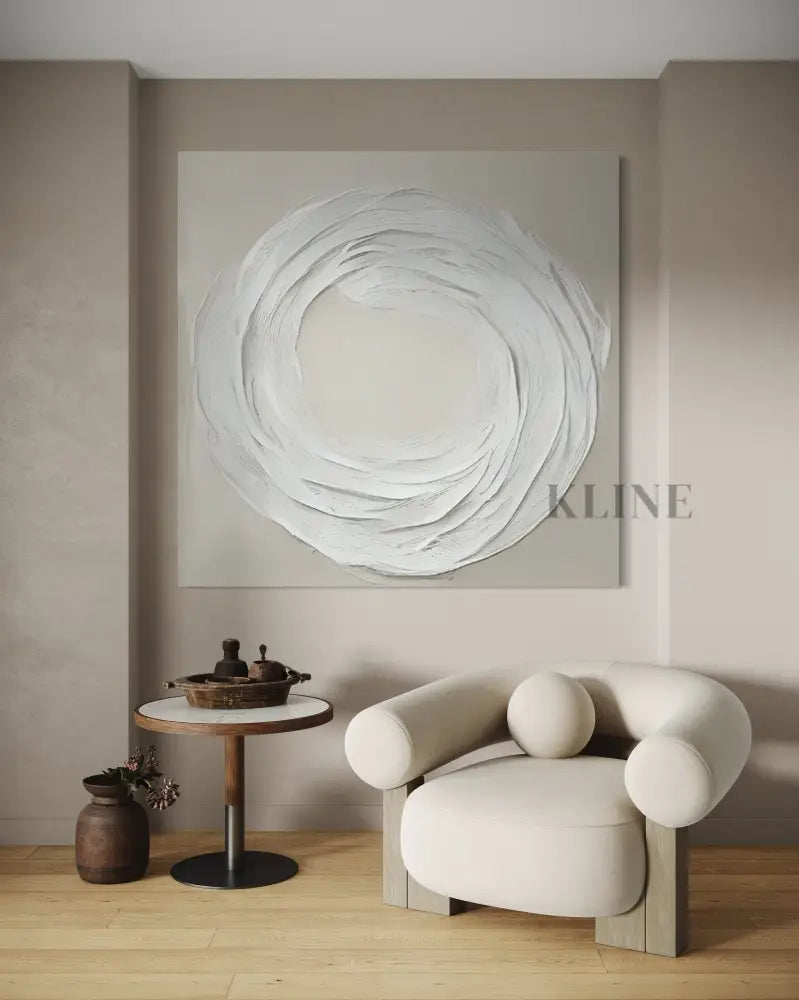 Zen Markings 3 artwork in minimalist interior, featuring textured beige and white tones, adding calm to the space. 