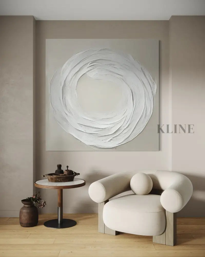 Zen Markings 3 artwork in minimalist interior, featuring textured beige and white tones, adding calm to the space. 
